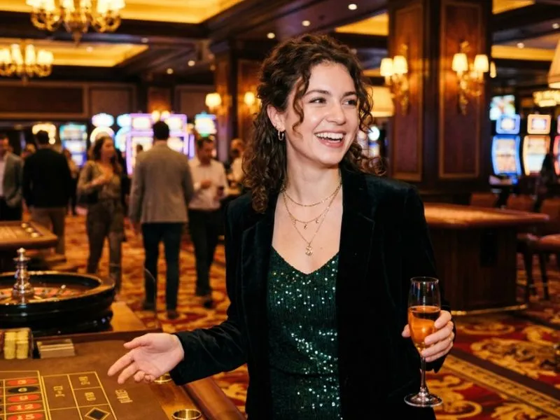 Buenas Ph Young woman enjoying casino vibes under golden lights at SuperPH casino login