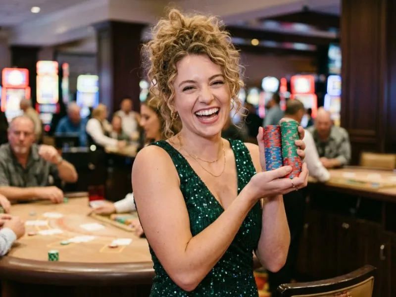 Top 10 casino in the Philippines cheerful lady posing with casino chips and smiling in a vibrant gaming environment