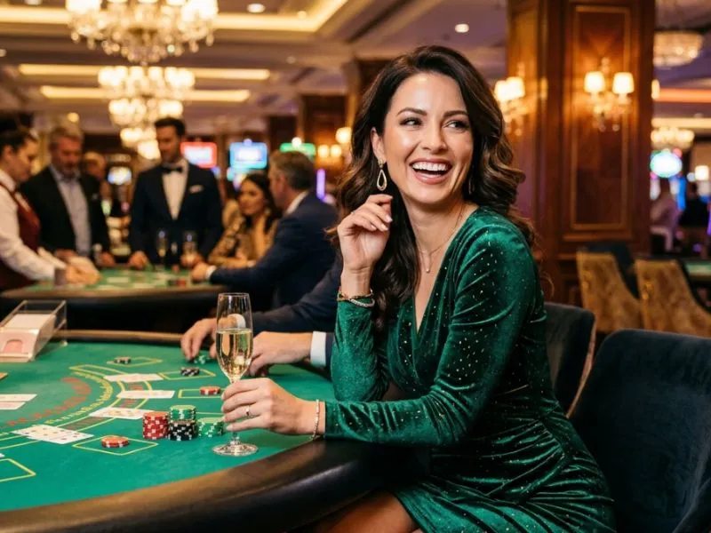 Elegant smiling woman in a luxurious setting representing top online casinos experience