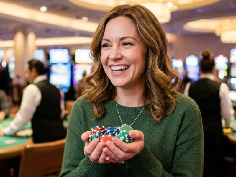 Smiling woman holding poker chips at top online casinos, enjoying a winning moment