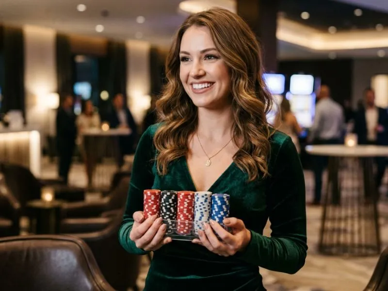 Buenas Ph Elegant young woman holding a stack of chips proudly, representing top rated online casinos.
