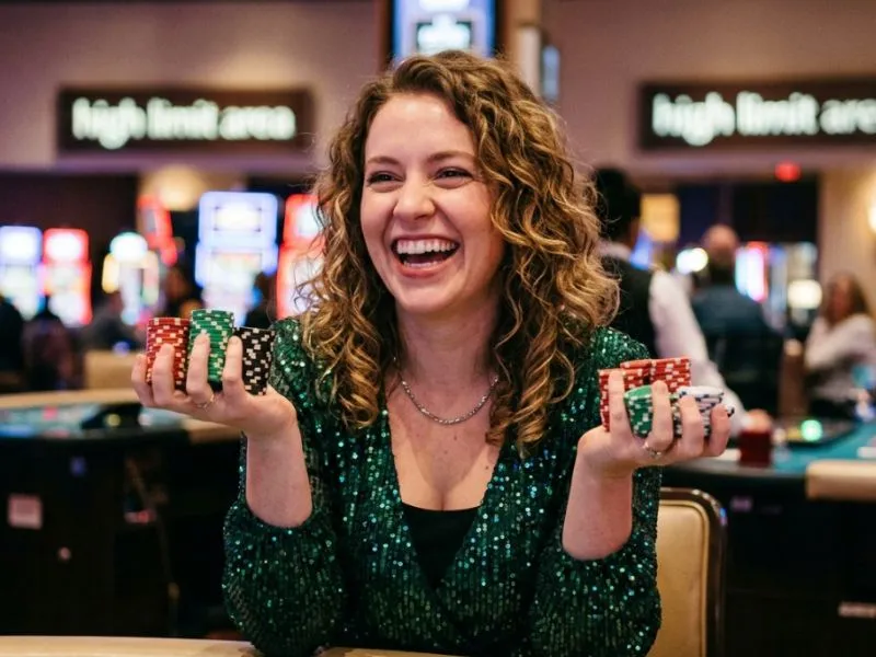 Buenas Ph Happy woman posing with casino chips while playing a wheel of fortune slot game