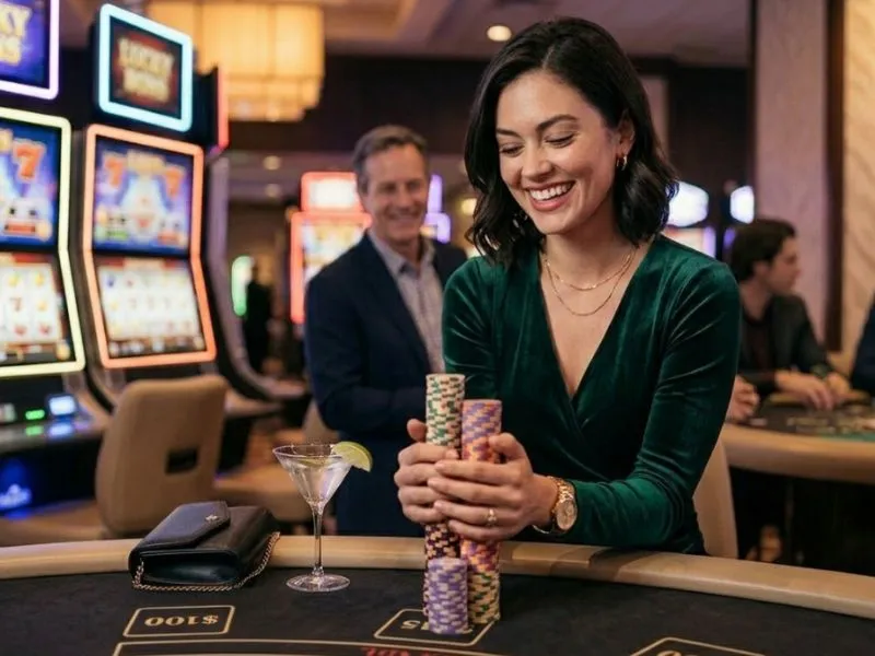 Buenas Ph Woman holding a stack of chips proudly while playing the wheel of fortune slot game