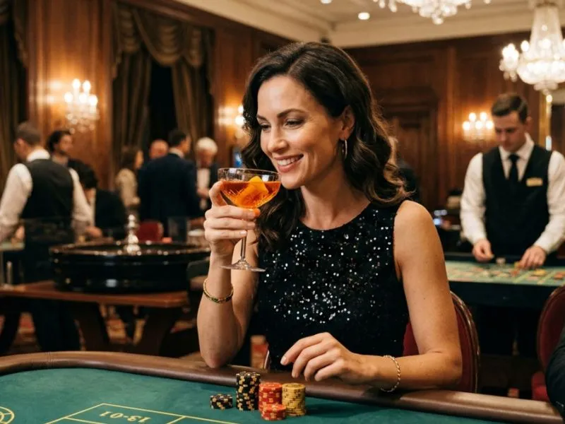 Buenas Ph Woman enjoying luxury casino ambience with chips and cocktail in Wild Bounty Showdown demo