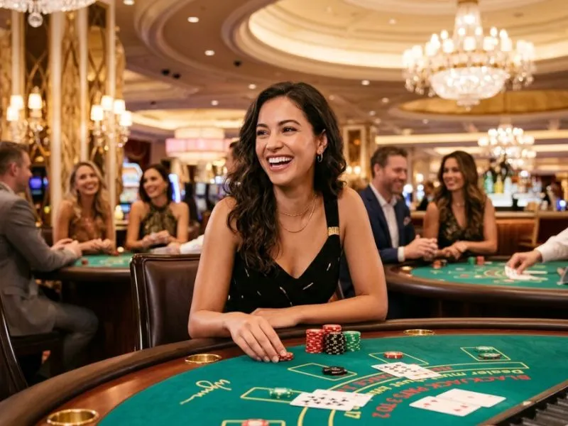 Young woman smiling at a blackjack table playing Wild Bounty Showdown demo game.