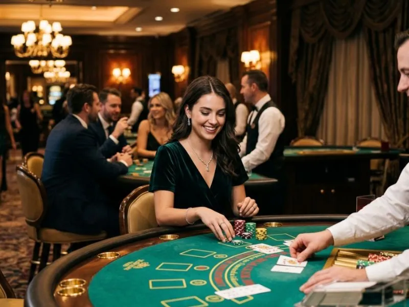 Young lady smiling while playing blackjack at a casino table during Wild Bounty Showdown