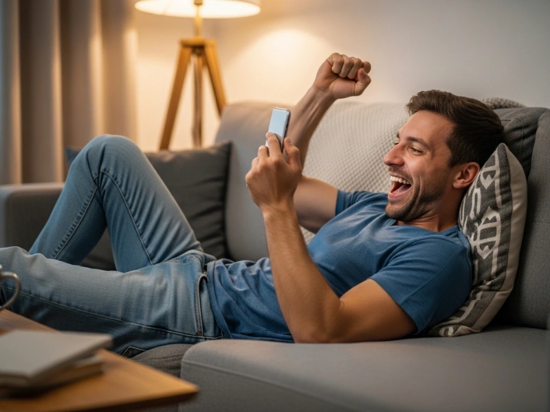 Man smiling while playing 55bmw slot casino on his phone after winning a game.
