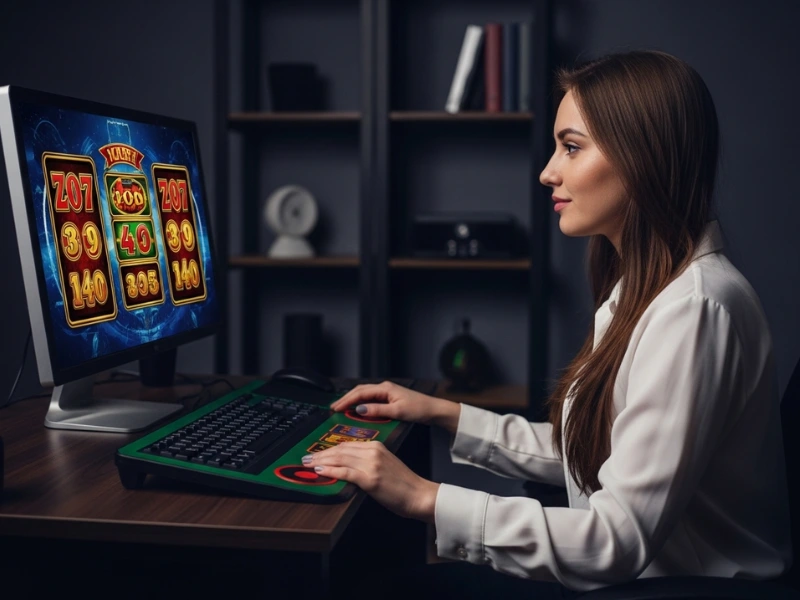 Woman enjoying 55bmw slot casino games while playing online from home.
