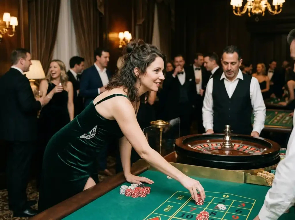 Female guest in a VIP casino area inside a luxury real casino, reflecting the experience associated with the search for the 10 best online casinos in 2026 in a premium gaming environment.