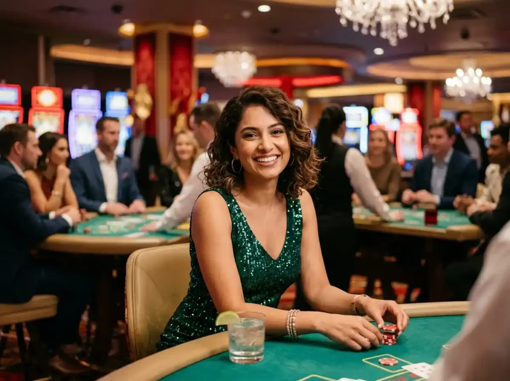 Stylish female casino player smiling confidently at the camera inside a real casino, representing the experience of choosing from the 10 best online casinos in 2026.
