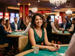 Stylish female casino player smiling confidently at the camera inside a real casino, representing the experience of choosing from the 10 best online casinos in 2026.