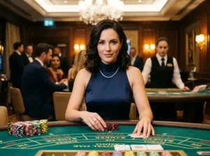 Elegant casino guest seated at a table game in a real casino, facing front with a refined look, reflecting amex casino online tips in the context of online casino strategies and gameplay insights.