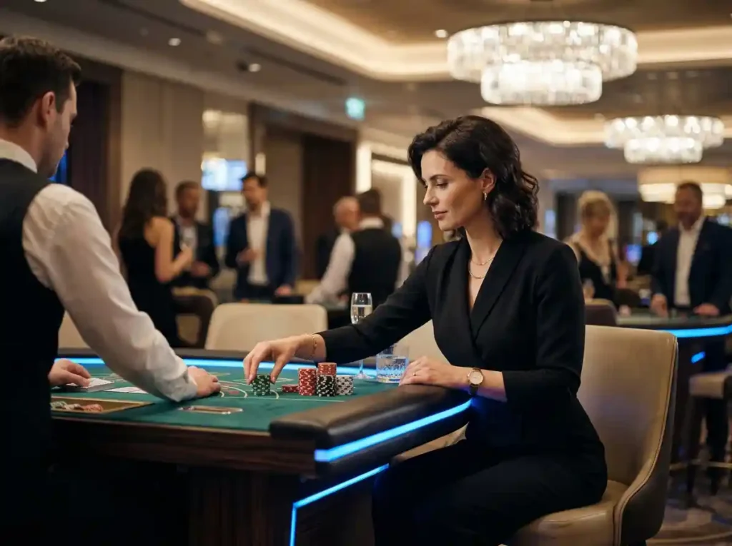 Elegant female gambler seated at a modern casino table, focused on gameplay in a real casino environment, reflecting amex casino online tips for strategic decision-making in online casino play.