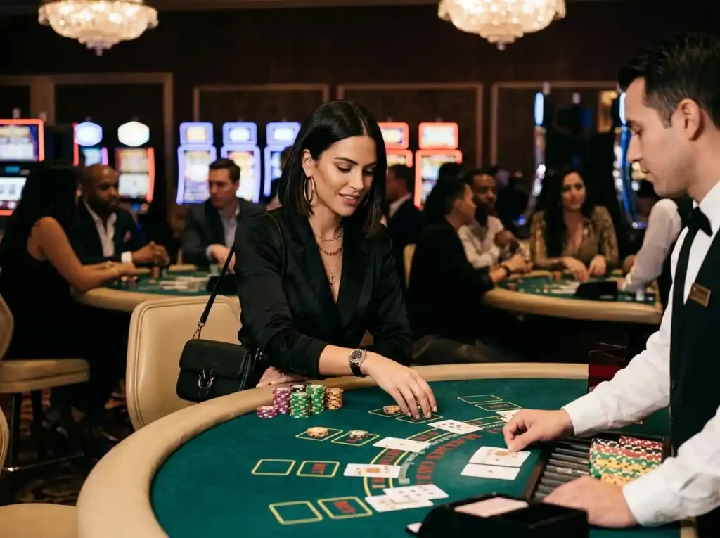 Stylish female gambler playing a table game inside a luxury casino while discussing whether are online casinos rigged compared to real casino experiences