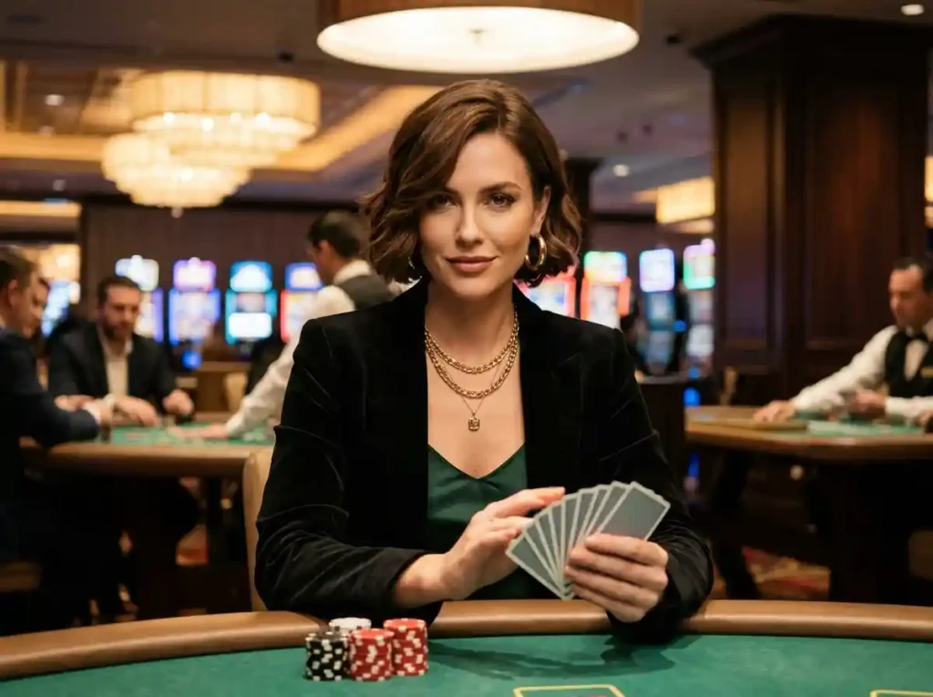 Fashionable woman looking at the camera while holding playing cards inside a real casino, representing the debate around are online casinos rigged and fair gaming experiences
