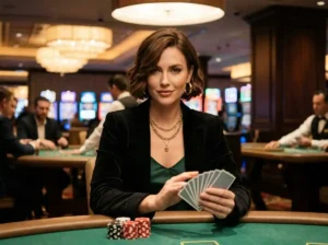 Fashionable woman looking at the camera while holding playing cards inside a real casino, representing the debate around are online casinos rigged and fair gaming experiences