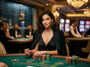 Player inside a real casino facing the camera with poker chips, representing aztec treasure free slot game in an online casino setting