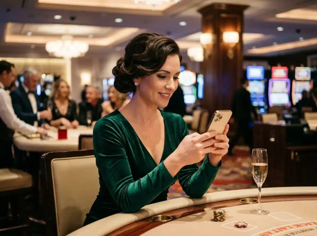 Female player inside a real casino using a smartphone to play Aztec Treasure free slot game on an online casino platform