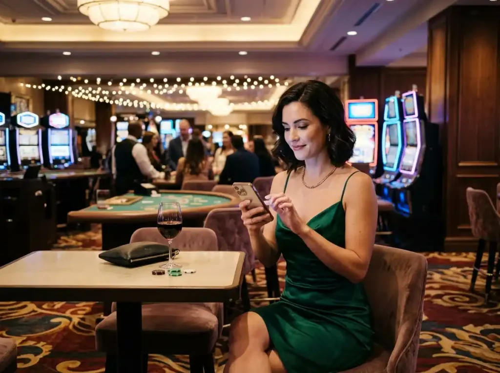 Elegant female player inside a real casino using a smartphone to play the best jili slot game in an online casino environment.