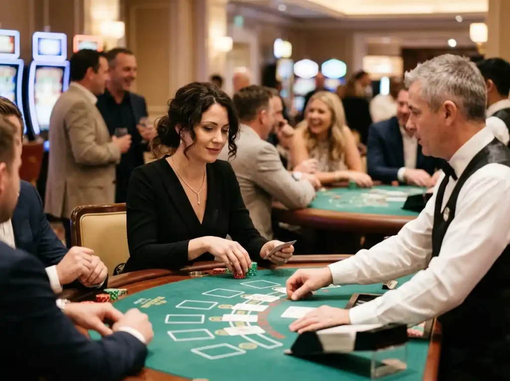 Elegant woman playing blackjack at a casino table in a real casino setting, reflecting the excitement associated with the best online casino bonus 2026 experience.