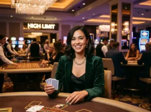 Stylish woman smiling at camera while playing slot machines inside a real casino, representing the experience of best online casino free bonus no deposit in an online casino environment.