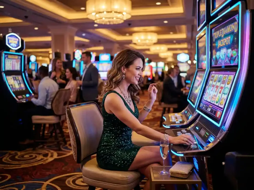 Woman playing a slot machine inside a real casino, enjoying the excitement inspired by the best online casino free bonus no deposit offers available for online gaming players.
