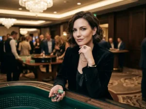 Chic woman inside a real casino holding casino chips, capturing the atmosphere associated with bmy12 online casino login tips 2026 and the modern online gaming experience.