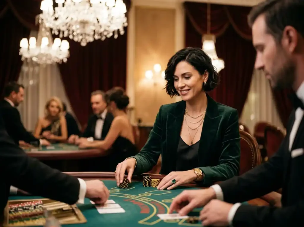Stylish female player seated at a luxury casino table inside a real casino, associated with bmy12 online casino login tips 2026 while observing the gaming environment.