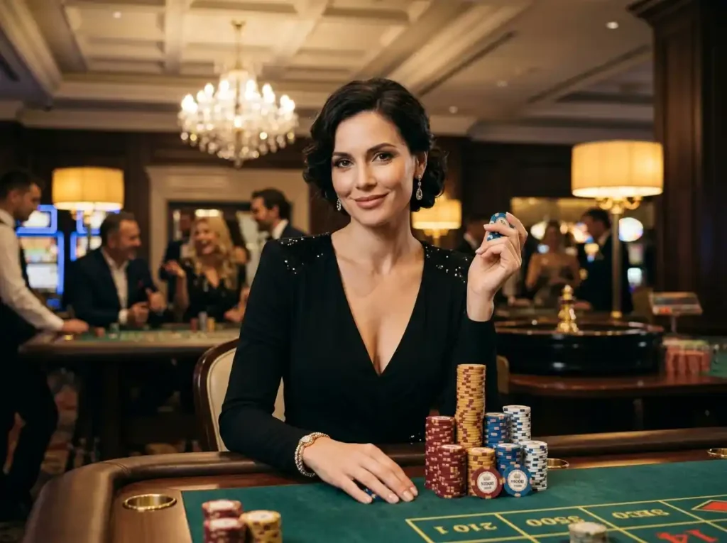 Elegant woman posing with casino chips inside a real casino, styled around crazy 777 slot-tada games, blending the atmosphere of live casino excitement with the online casino experience.