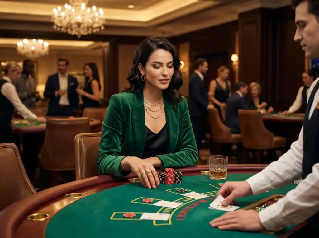 Stylish woman playing at a luxury casino table inside a real casino, enjoying the excitement of crazy 777 slot-tada games online casino style gameplay experience.