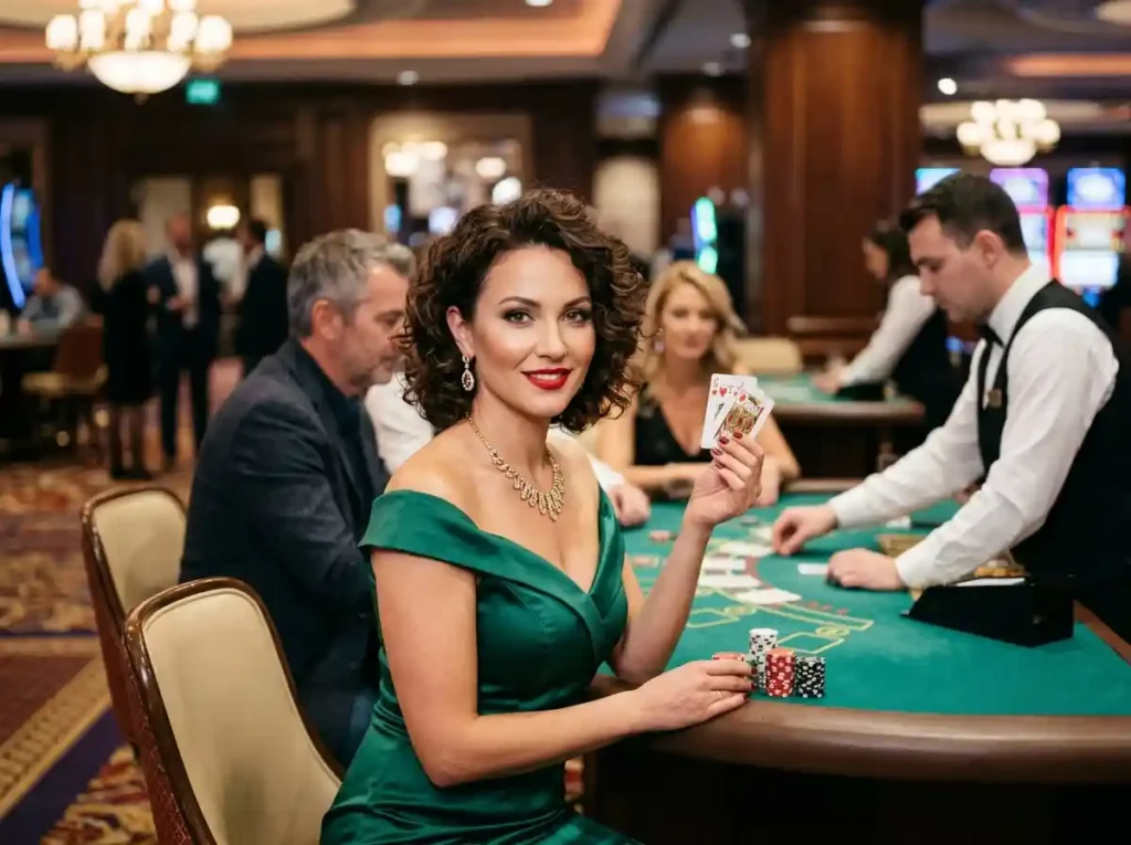 Glamorous female guest facing the camera at a blackjack table inside a luxury casino, capturing the exciting atmosphere connected to the do 888 online casino winning guide