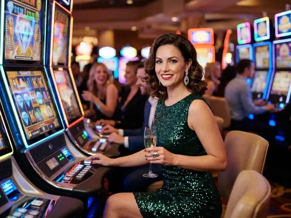 Glamorous woman facing the camera while playing a slot machine inside a luxury casino, inspired by the excitement of the do 888 online casino winning guide
