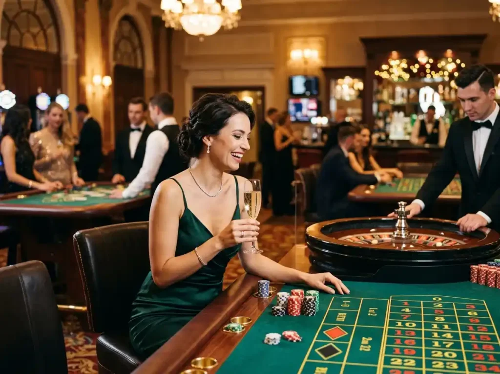 Woman enjoying a casino night inside a real casino, representing facebook slot games in an online casino entertainment setting without using a phone.