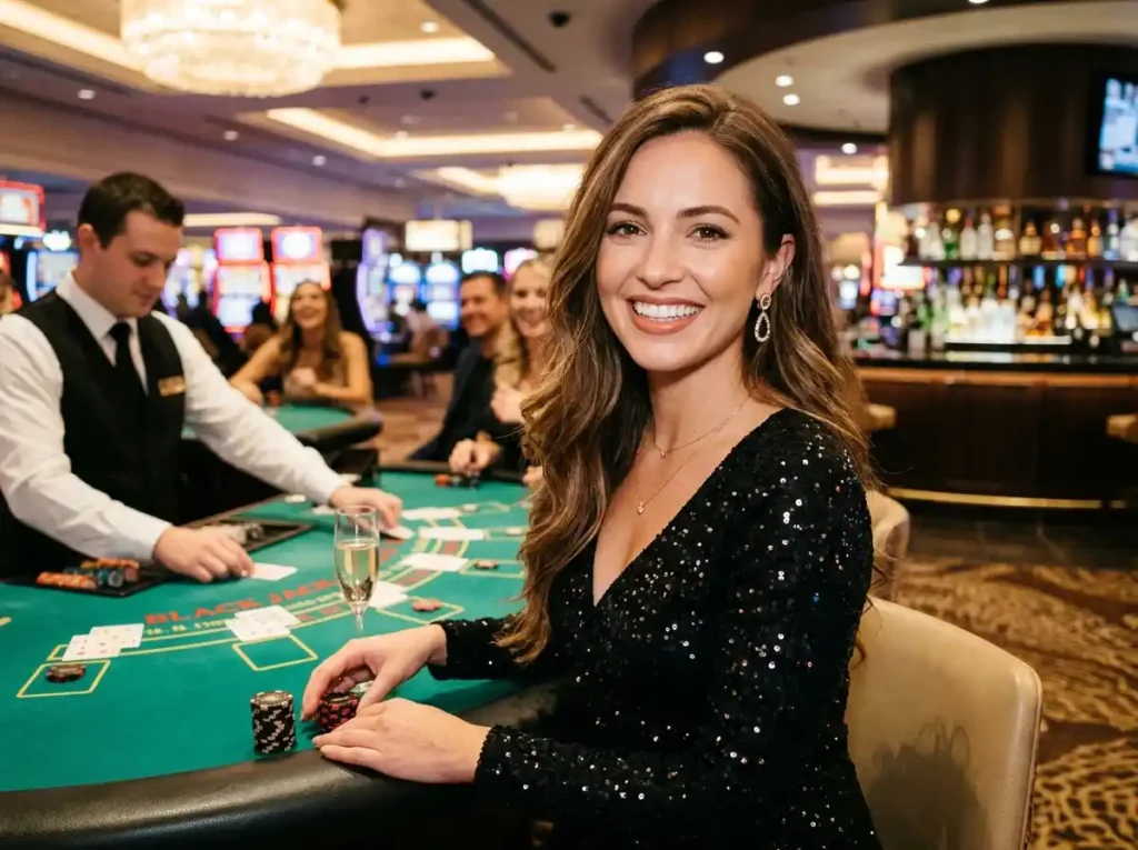 Stylish female guest smiling at the camera inside a real casino while near slot machines, representing the experience of facebook slot games in an online casino setting.