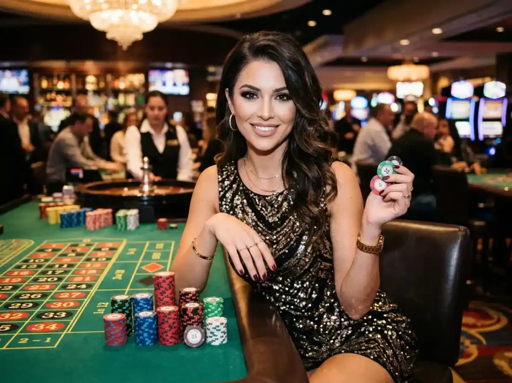 Stylish woman sitting at a real casino table facing the camera with poker chips in hand, enjoying the online casino atmosphere while exploring mexican slot game secret tips in a lively gaming environment.