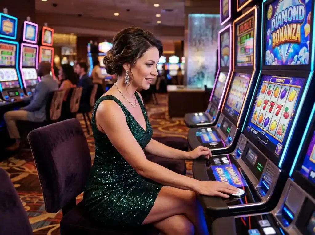 Woman playing slot machines inside a real casino, trying her luck with mexican slot game secret tips in an online casino-style gaming experience.