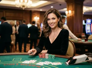 Stylish casino player facing the camera while holding poker chips inside a luxury casino, connected to the excitement of mwplay888 online casino log in 2026