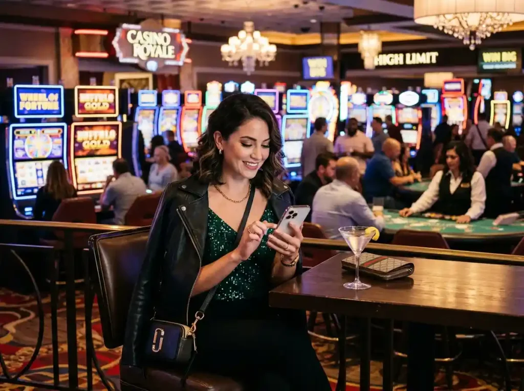 Woman using a smartphone for MWPLAY888 online casino log in 2026 while sitting inside a luxury casino with glowing slot machines