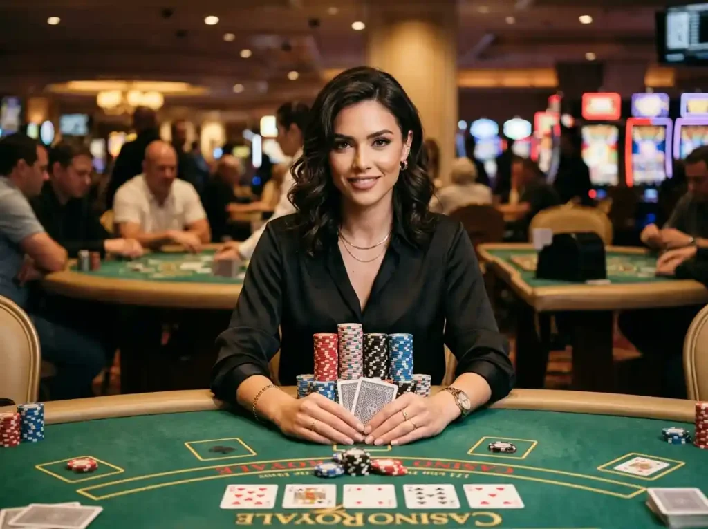 Stylish female player holding casino chips and cards inside a luxury casino, inspired by the excitement and atmosphere of an online casino 247 guide