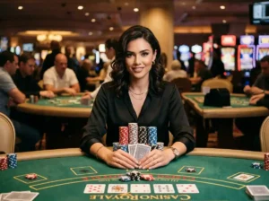 Stylish female player holding casino chips and cards inside a luxury casino, inspired by the excitement and atmosphere of an online casino 247 guide