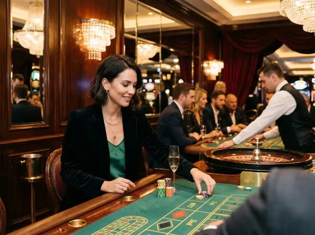 Stylish female guest enjoying a luxury casino table game scene inspired by the excitement and entertainment featured in the online casino 247 guide
