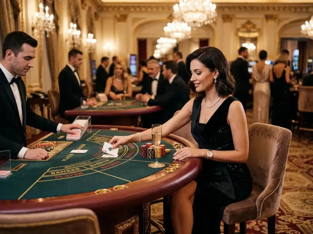Female guest player seated at a luxury casino table inside a real casino, representing trusted best online casino asia 2026 online casino experience in a premium gaming environment.