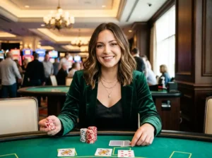 Stylish woman playing inside a real casino, smiling at the camera while enjoying an experience inspired by trusted best online casino asia 2026 platforms.