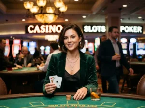 Chic female gambler facing the camera under bright casino lights while enjoying a premium gaming experience inspired by 747 online casino entertainment.