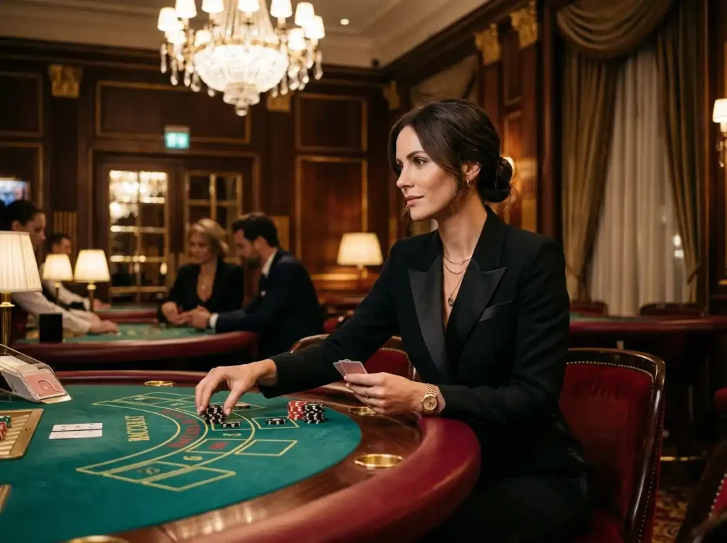 Elegant female gambler enjoying a luxurious casino gaming experience in a real-world casino, showcasing the excitement associated with 747 online casino.