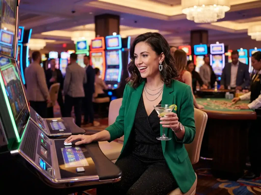 Fashionable female guest enjoying casino entertainment at a luxury gaming venue while exploring the excitement of 777 pub online casino games.