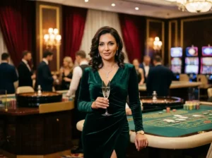 Female casino guest facing the camera while enjoying games inside a luxurious land-based casino, representing the excitement of 777 pub online casino.