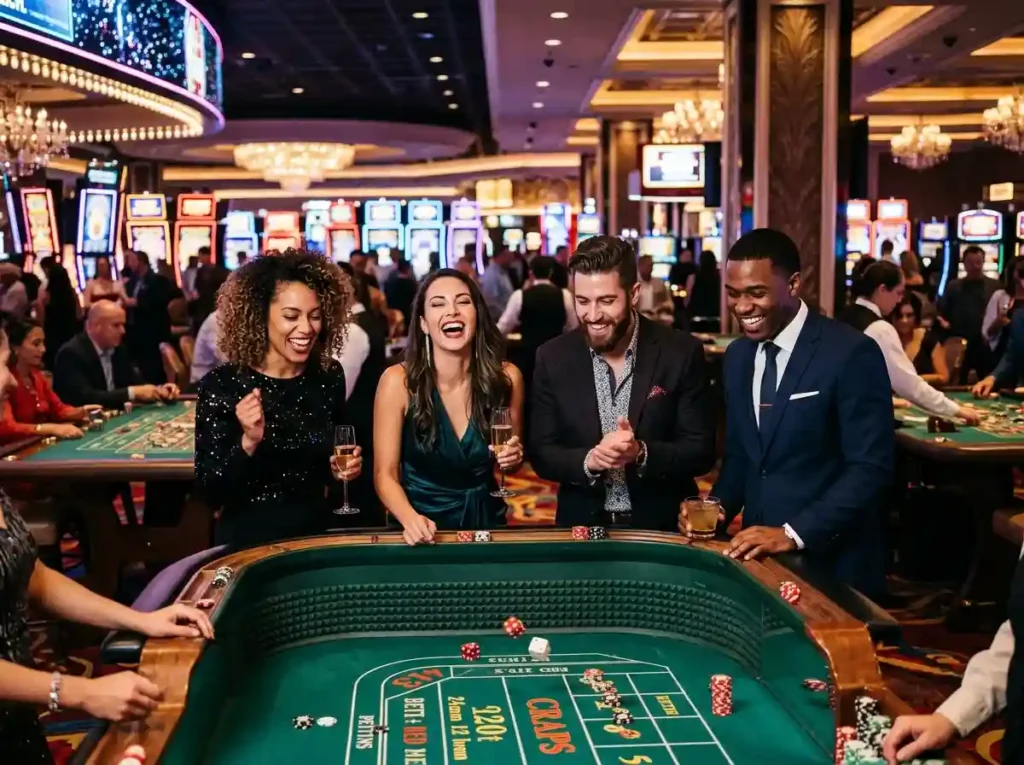 Friends enjoying casino entertainment at a luxurious physical casino while exploring the excitement of 777 pub online casino gaming experiences.