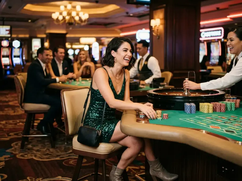 Woman enjoying casino entertainment on a lively casino floor while promoting the excitement of 777 pub online casino.