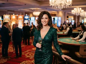 Glamorous female guest facing the camera inside a physical casino, enjoying table games atmosphere while representing betvisa online casino experience.